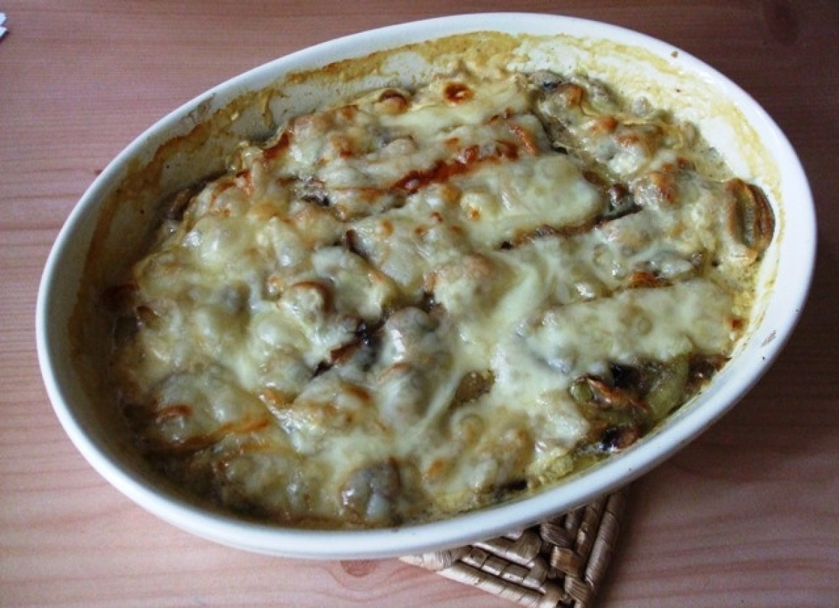 Zapiekanka z ryba i pieczarkami