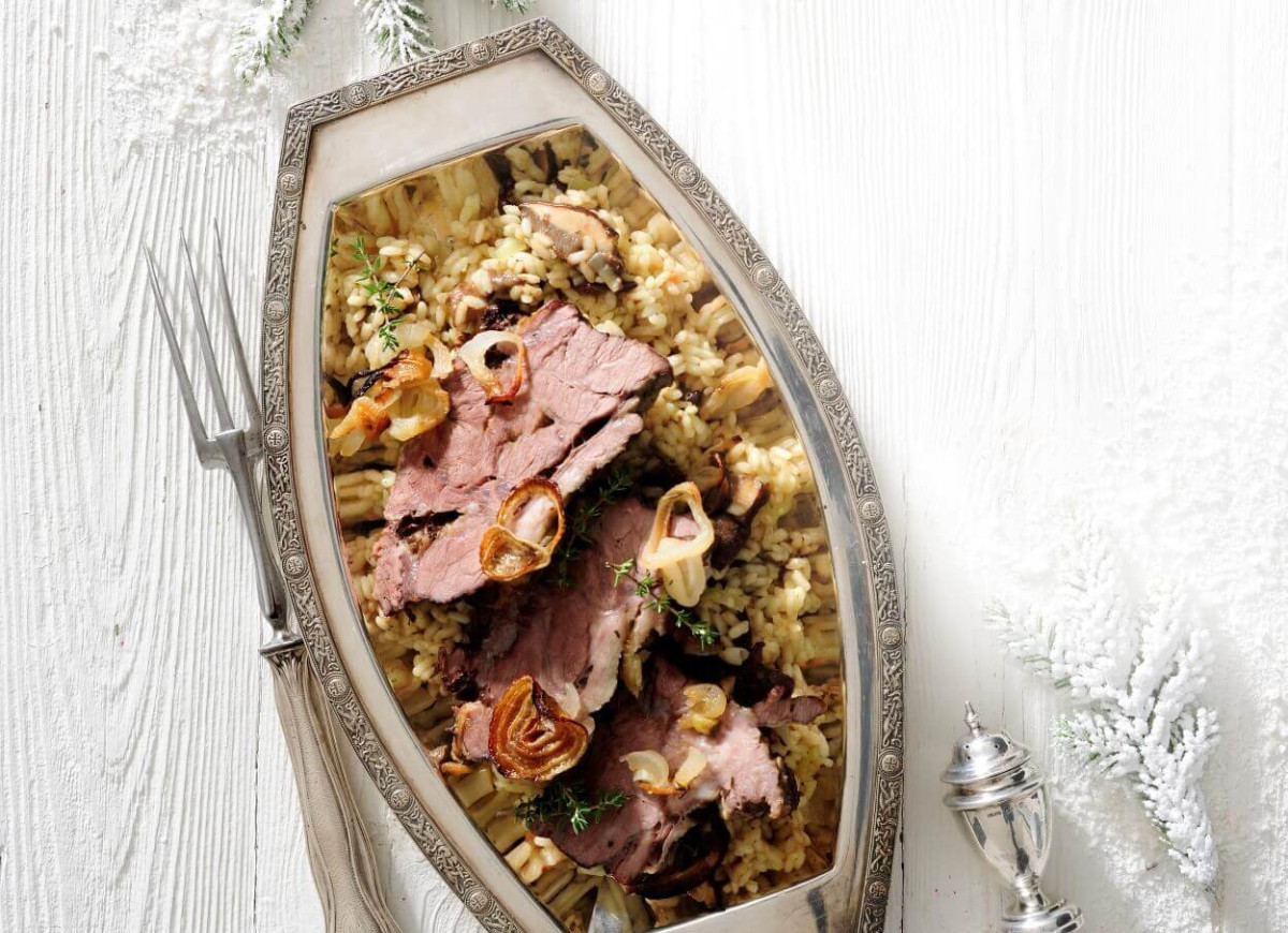 Pieczony kark wołowy na grzybowym risotto
