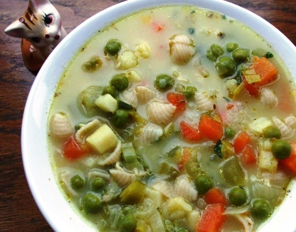 Warzywna zupa z makaronem i serkami